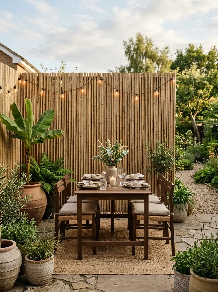 Bamboo Screen Behind a Simple Outdoor Dining Area