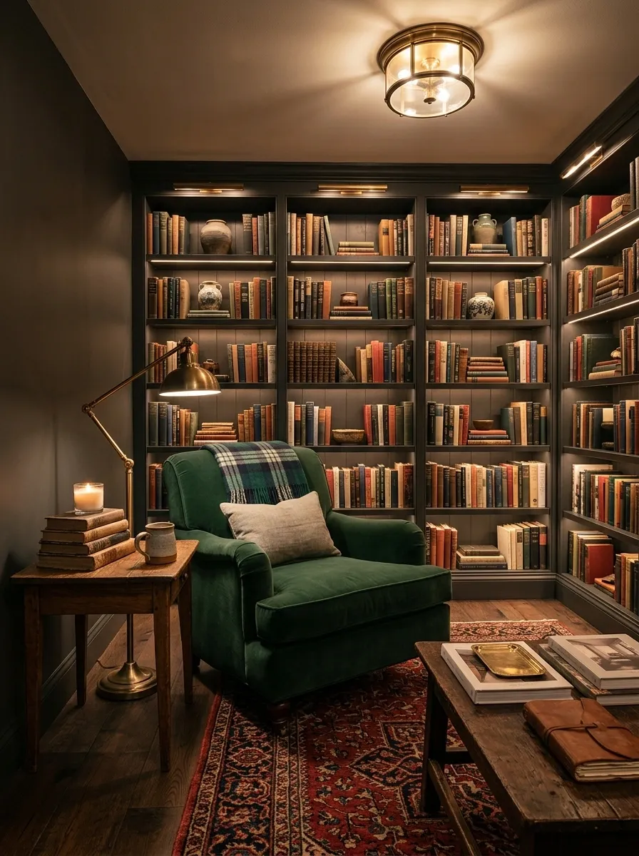 Basement Library With Warm Lighting and Deep Built-In Shelves