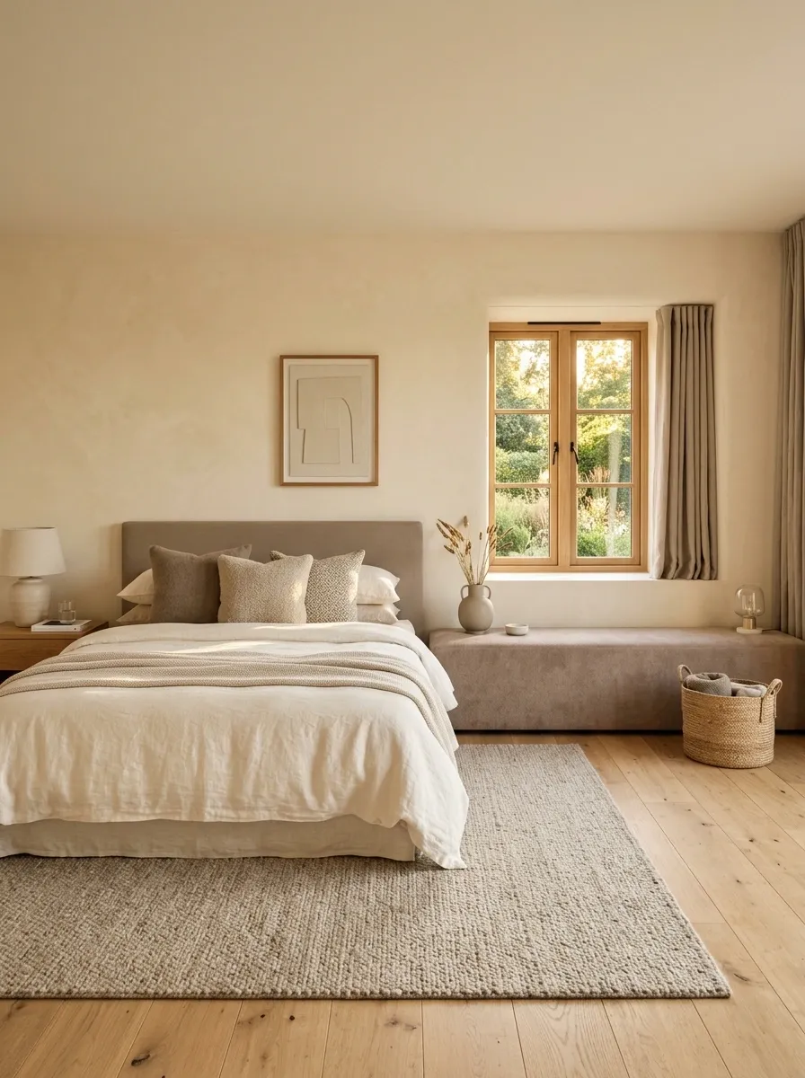 Bedroom With a Bench That Connects the Window and Bed