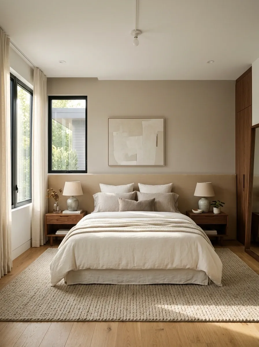 Bedroom With a Long Upholstered Headboard Across the Wall