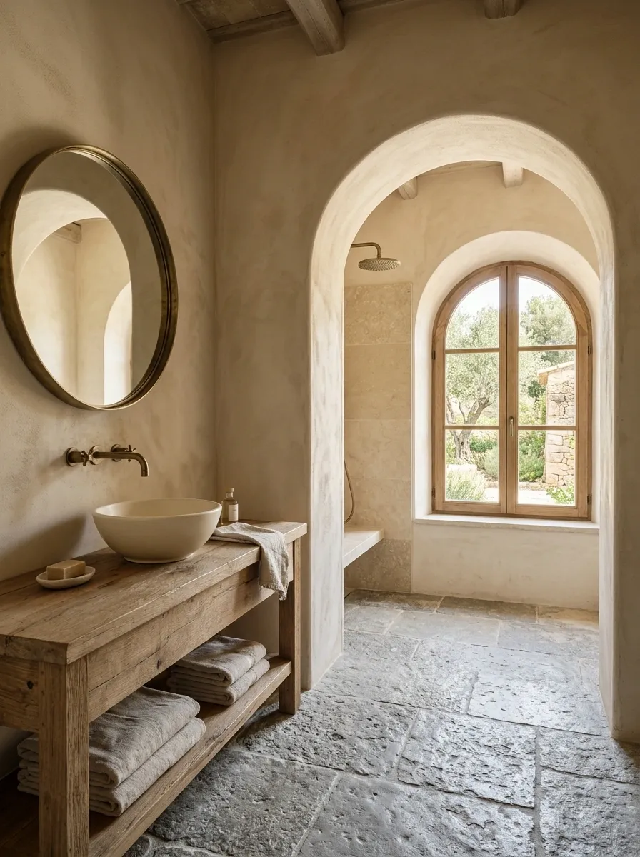 Beige and Grey Mediterranean-Inspired Bathroom