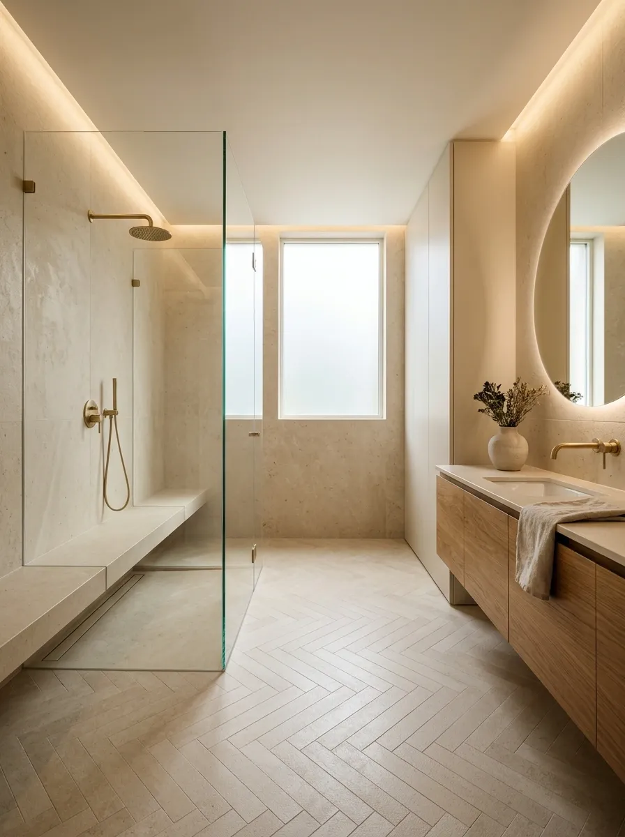 Beige Bathroom Wet Room With Built-In Stone Bench
