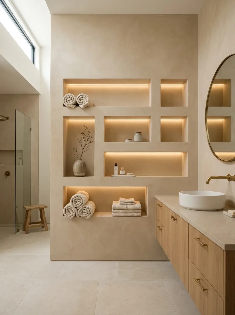Beige Bathroom With Built-In Niche Wall and Soft Ambient Light
