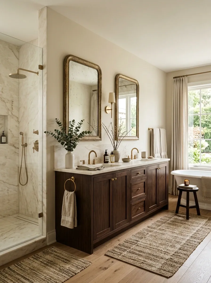 Beige Bathroom With Cream Marble, Antique Mirror, and Dark Wood