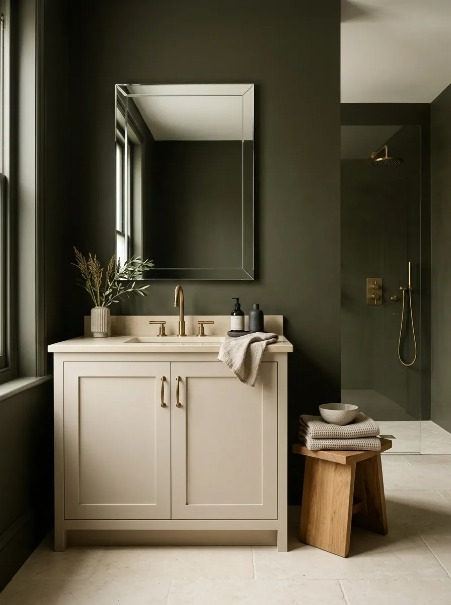 Beige Bathroom With Dark Olive Walls and Cream Stone