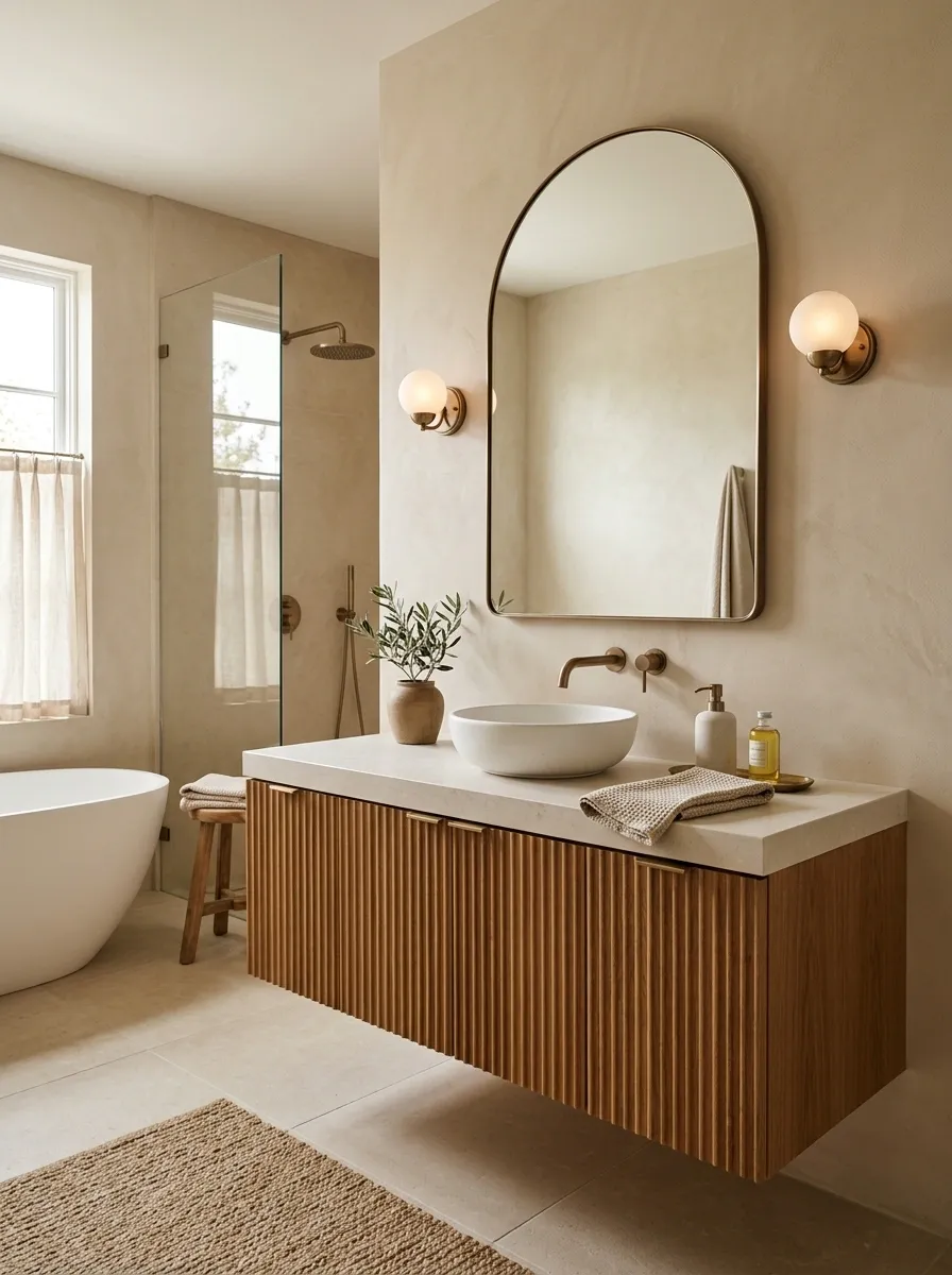 Beige Bathroom With Fluted Oak Vanity and Soft Stone Counter