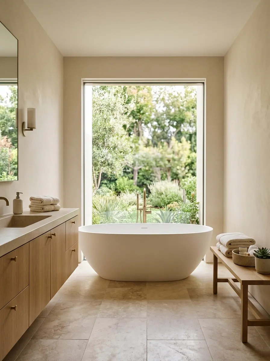Beige Bathroom With Freestanding Tub and Wide Picture Window
