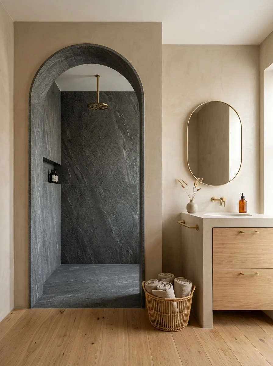 Beige Bathroom With Grey Arched Shower Niche