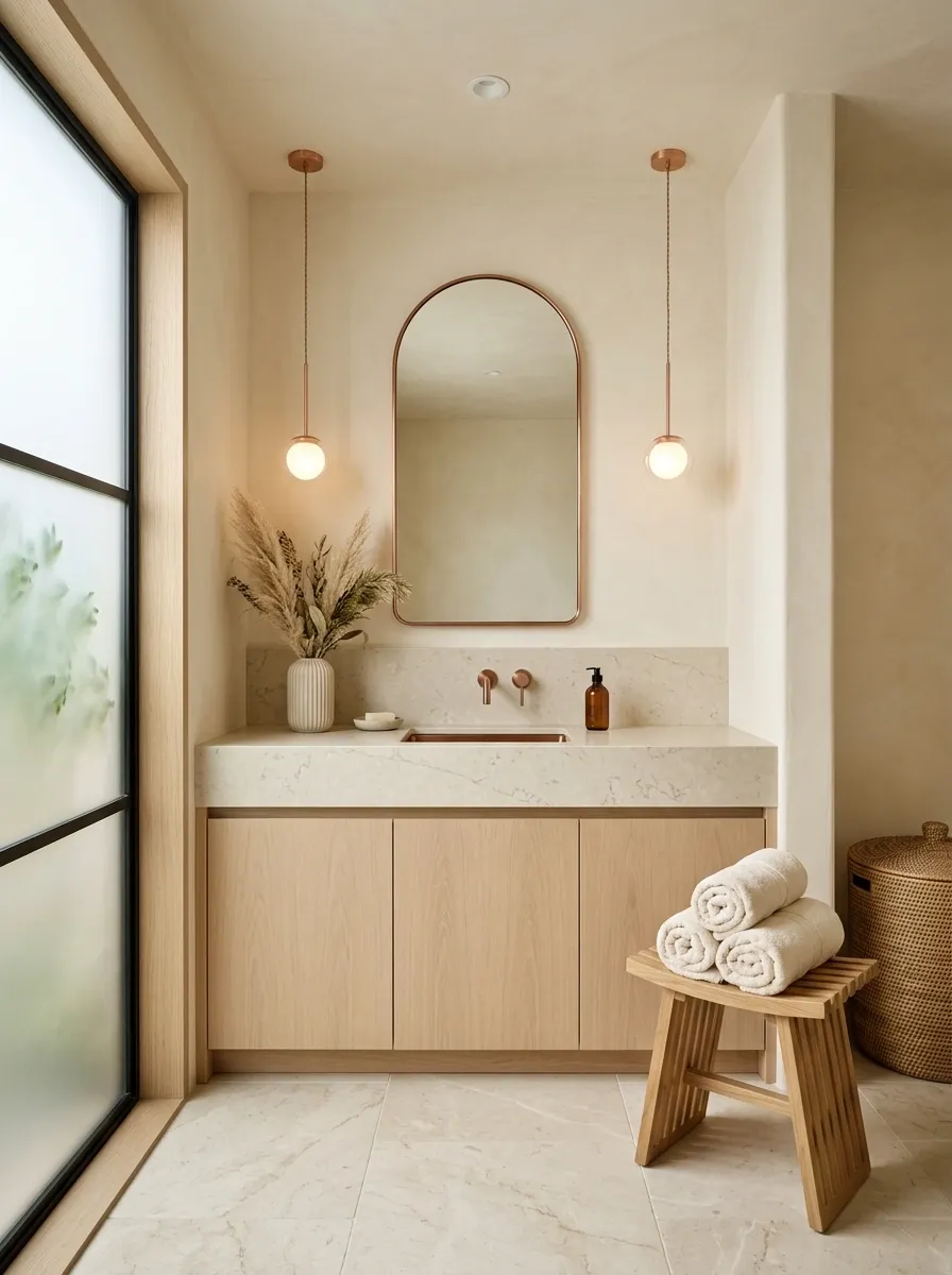 Beige Bathroom With Limestone Floor, Cream Walls, and Copper Accents