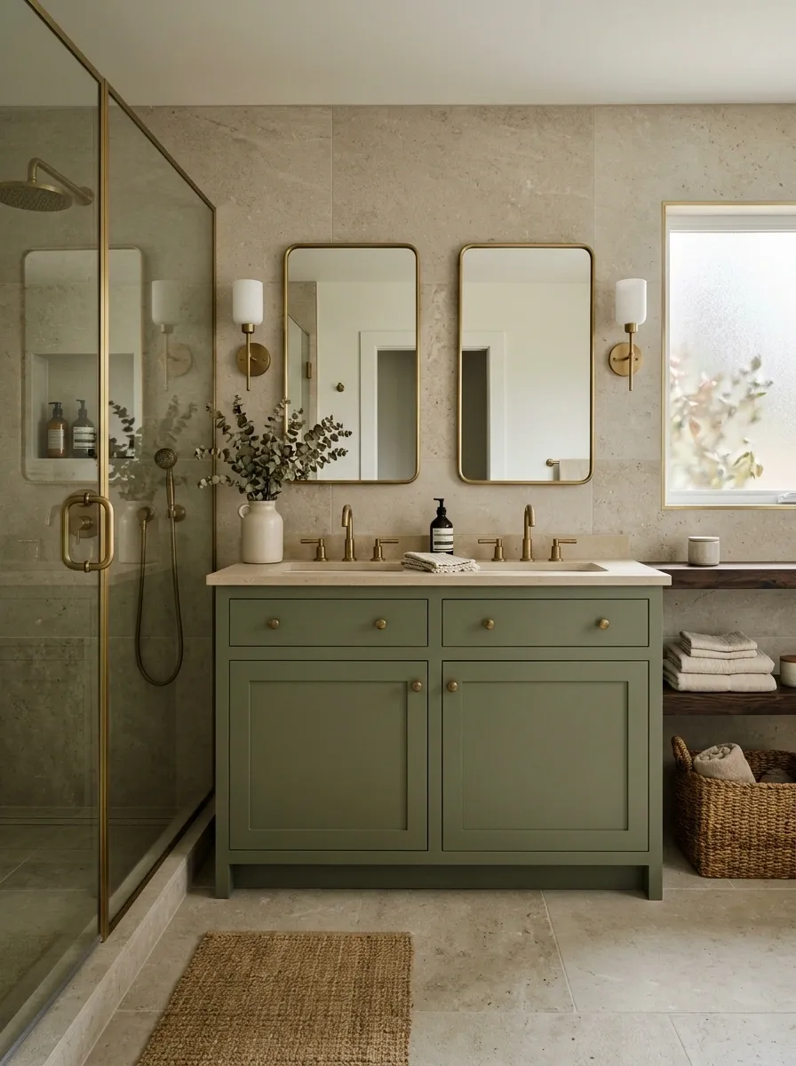 Beige Bathroom With Muted Olive and Earthy Stone