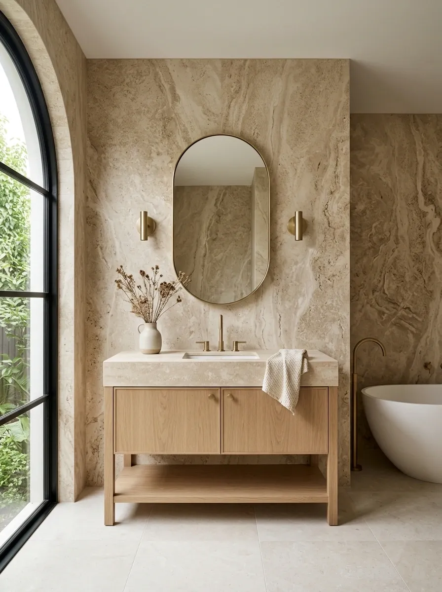 Beige Bathroom With Natural Stone Walls and a Freestanding Wood Vanity