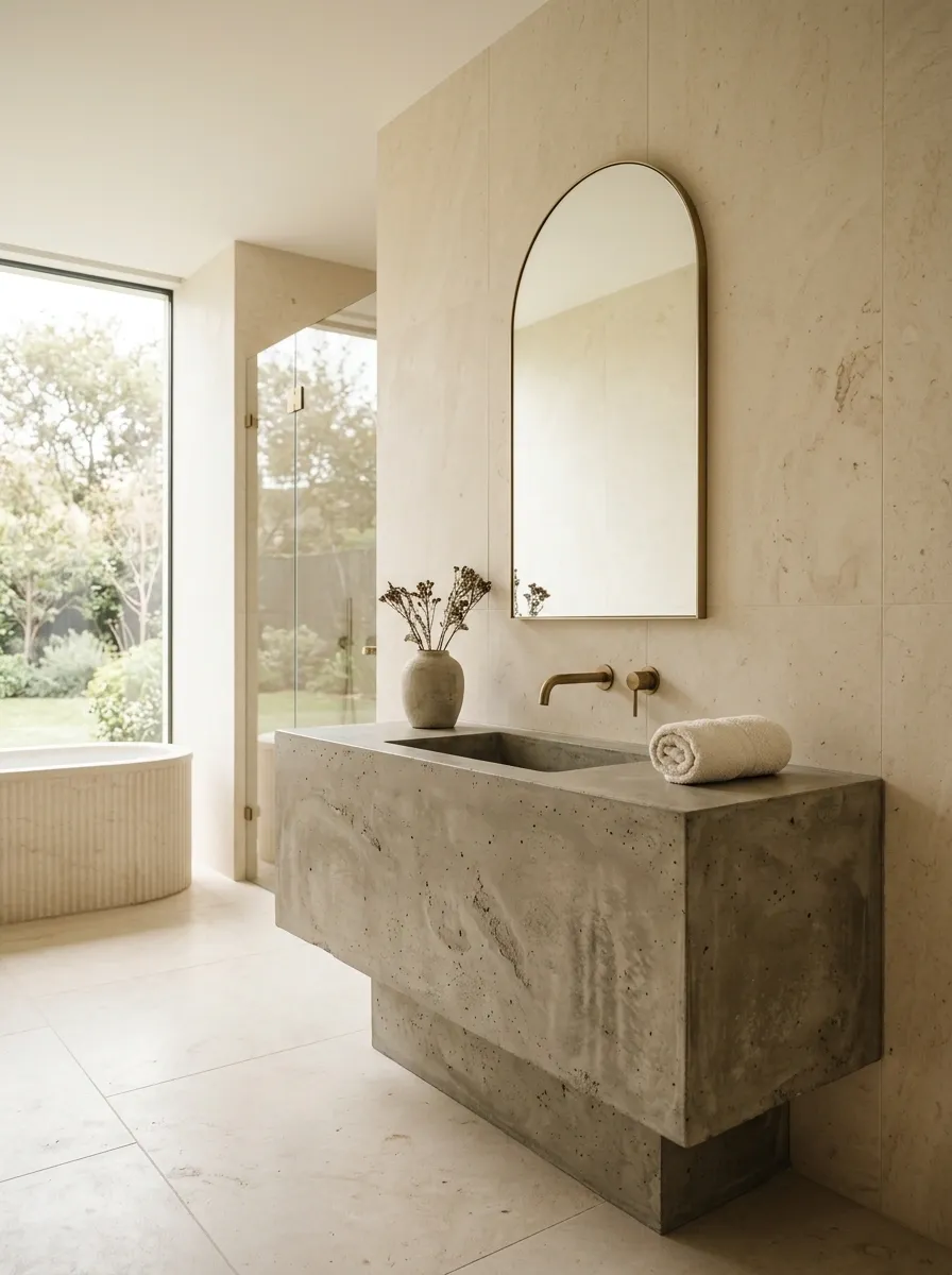 Beige Bathroom With Sculptural Concrete Vanity and Cream Stone