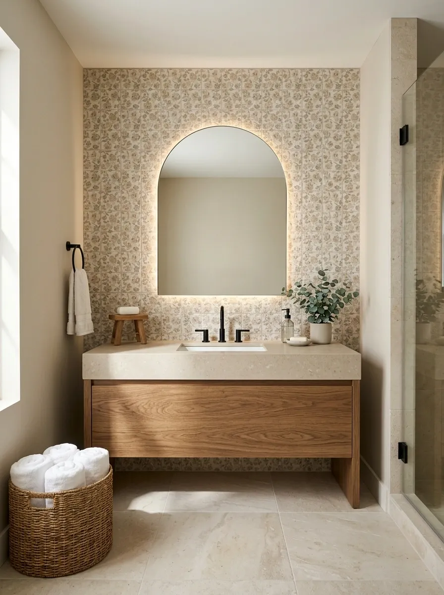 Beige Bathroom With Vintage Floral Tile and Modern Oak