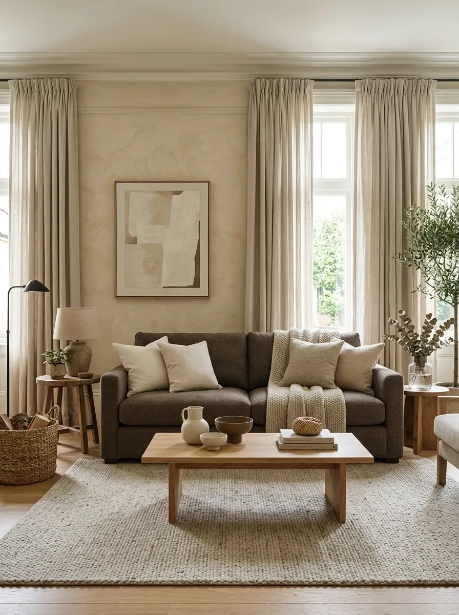 Beige-on-Brown Living Room With Soft Layering