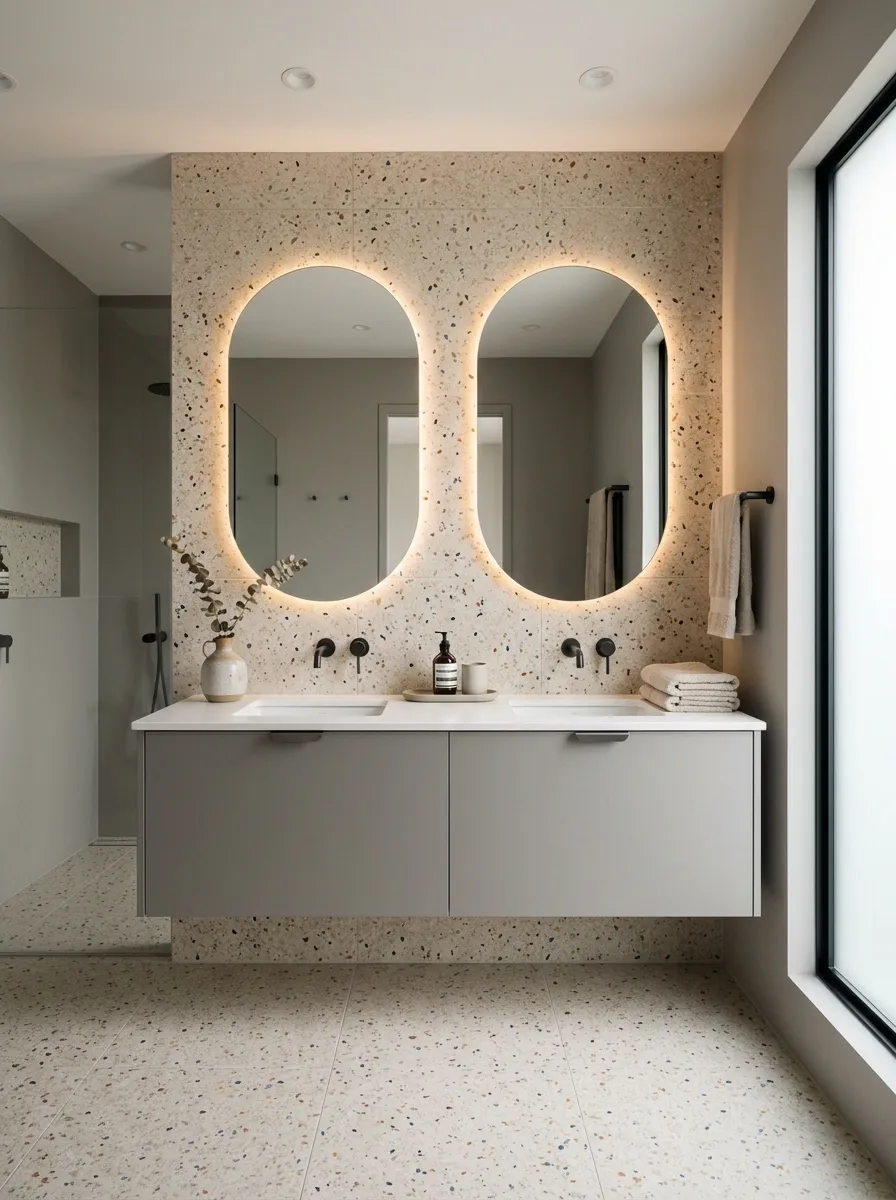 Beige Terrazzo Bathroom With Grey Floating Vanity