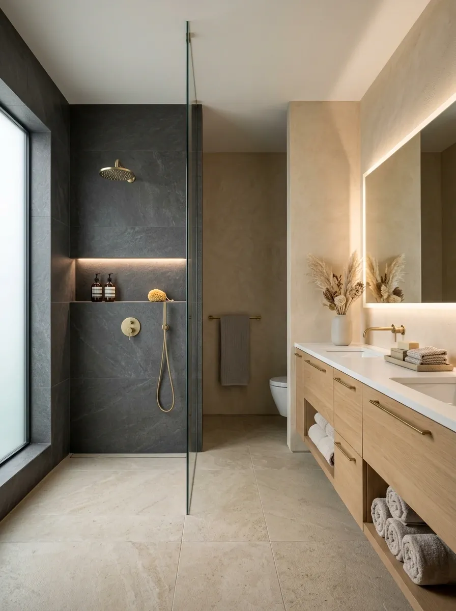 Beige Vanity Wall With Grey Slab Shower Surround