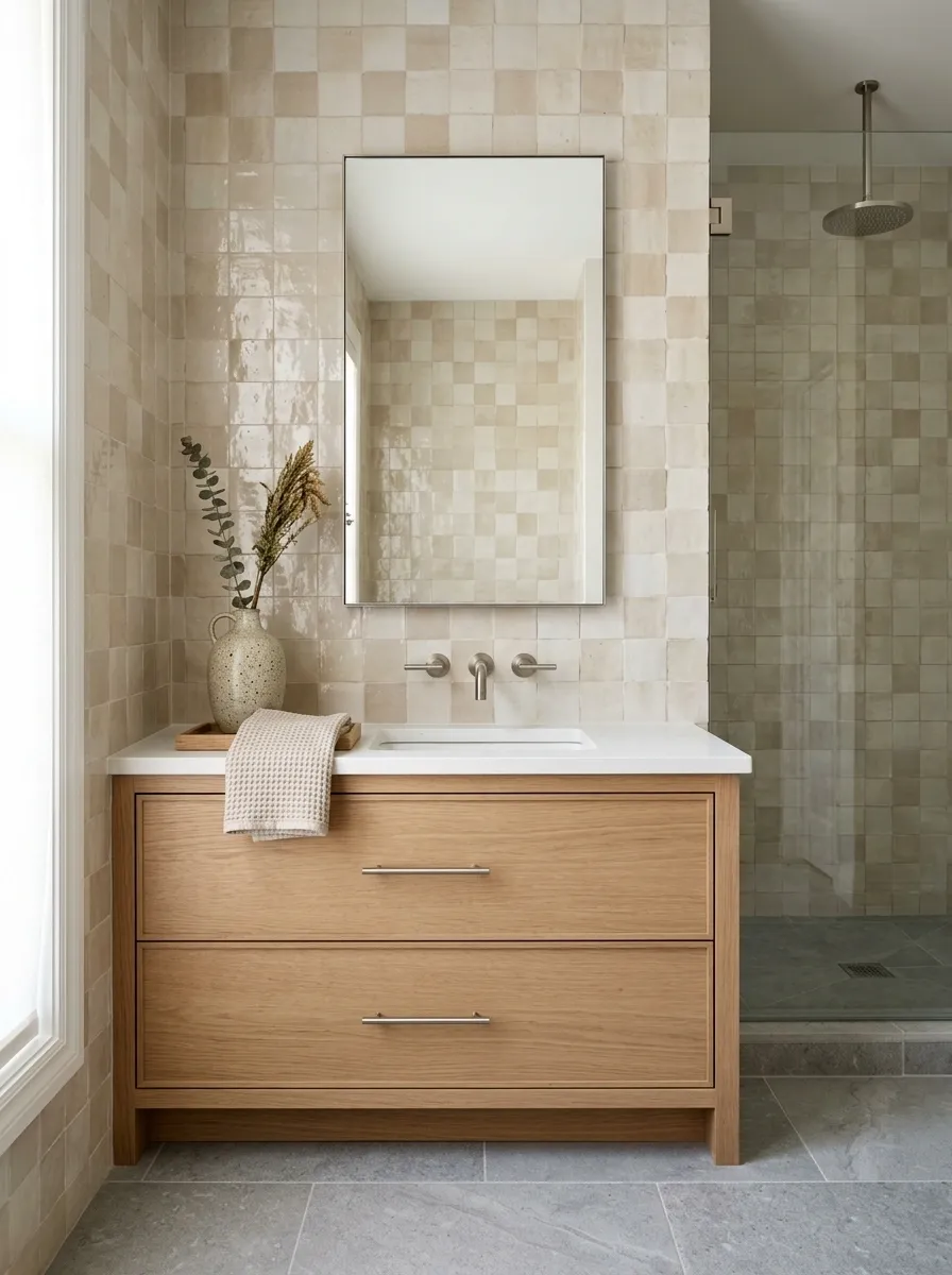 Beige Zellige-Style Walls With Cool Grey Floor