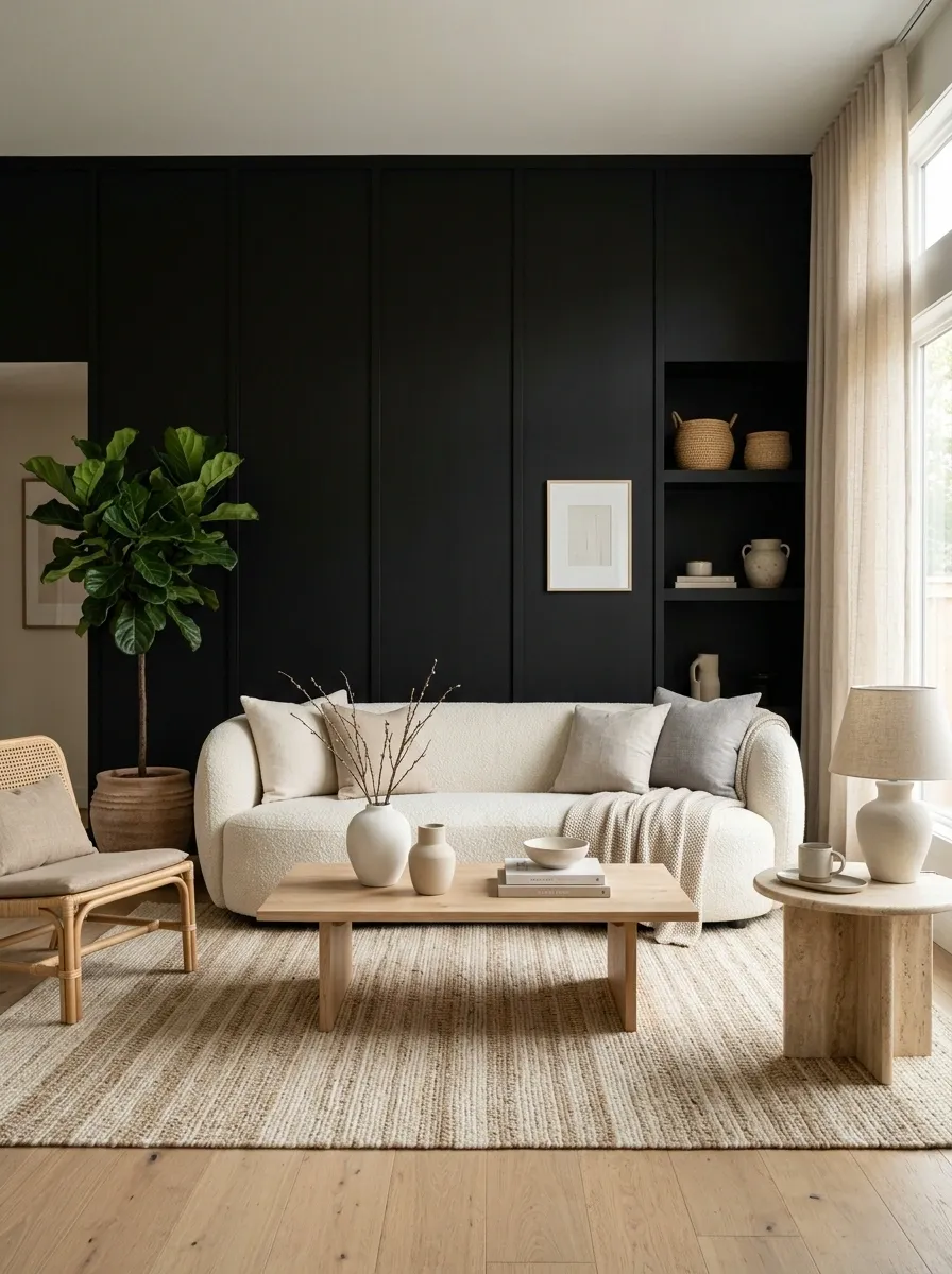 Black Accent Wall Behind a Curved Sofa in an Organic Modern Living Room