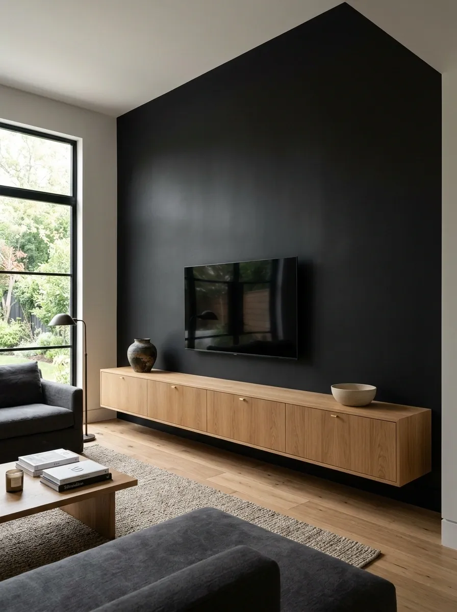 Black Accent Wall Behind a Long Floating Media Cabinet
