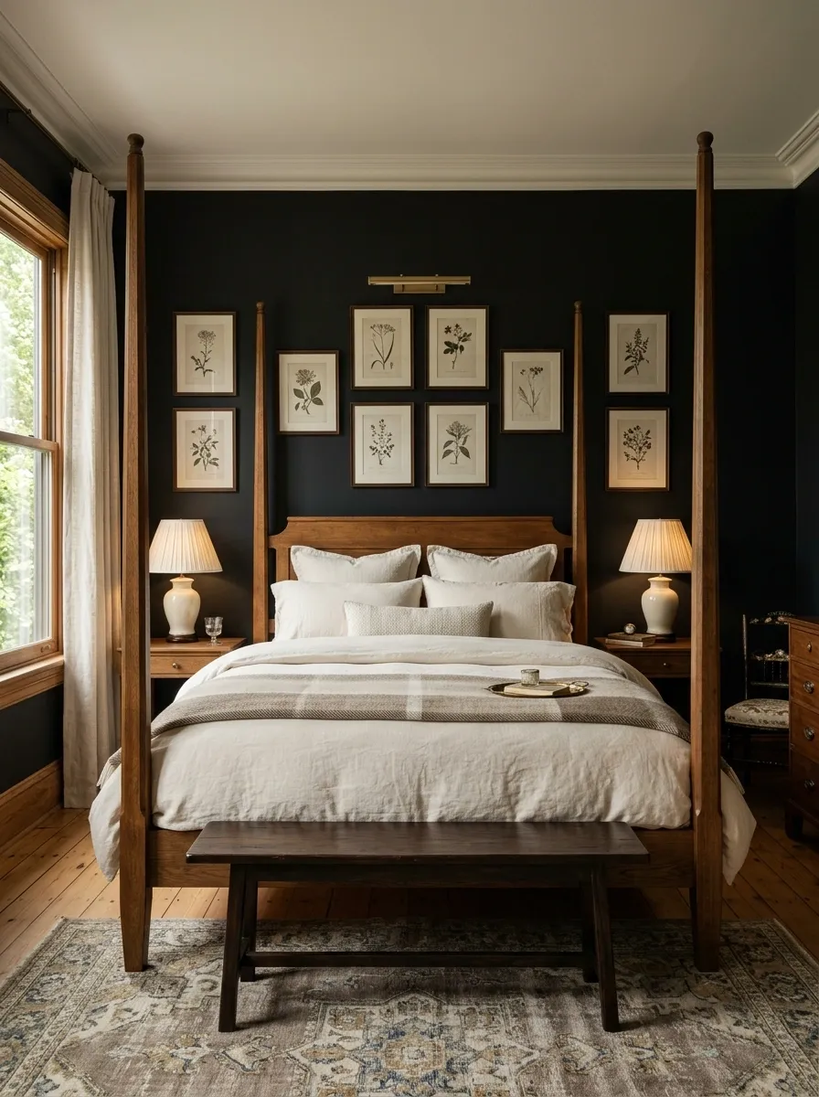 Black Accent Wall Behind a Traditional Four-Poster Bed