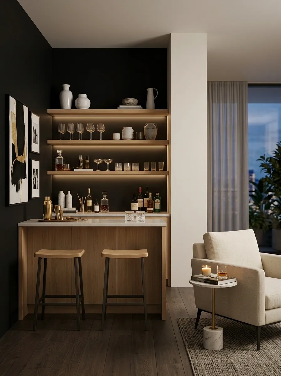 Black Accent Wall Framing a Home Bar and Lounge