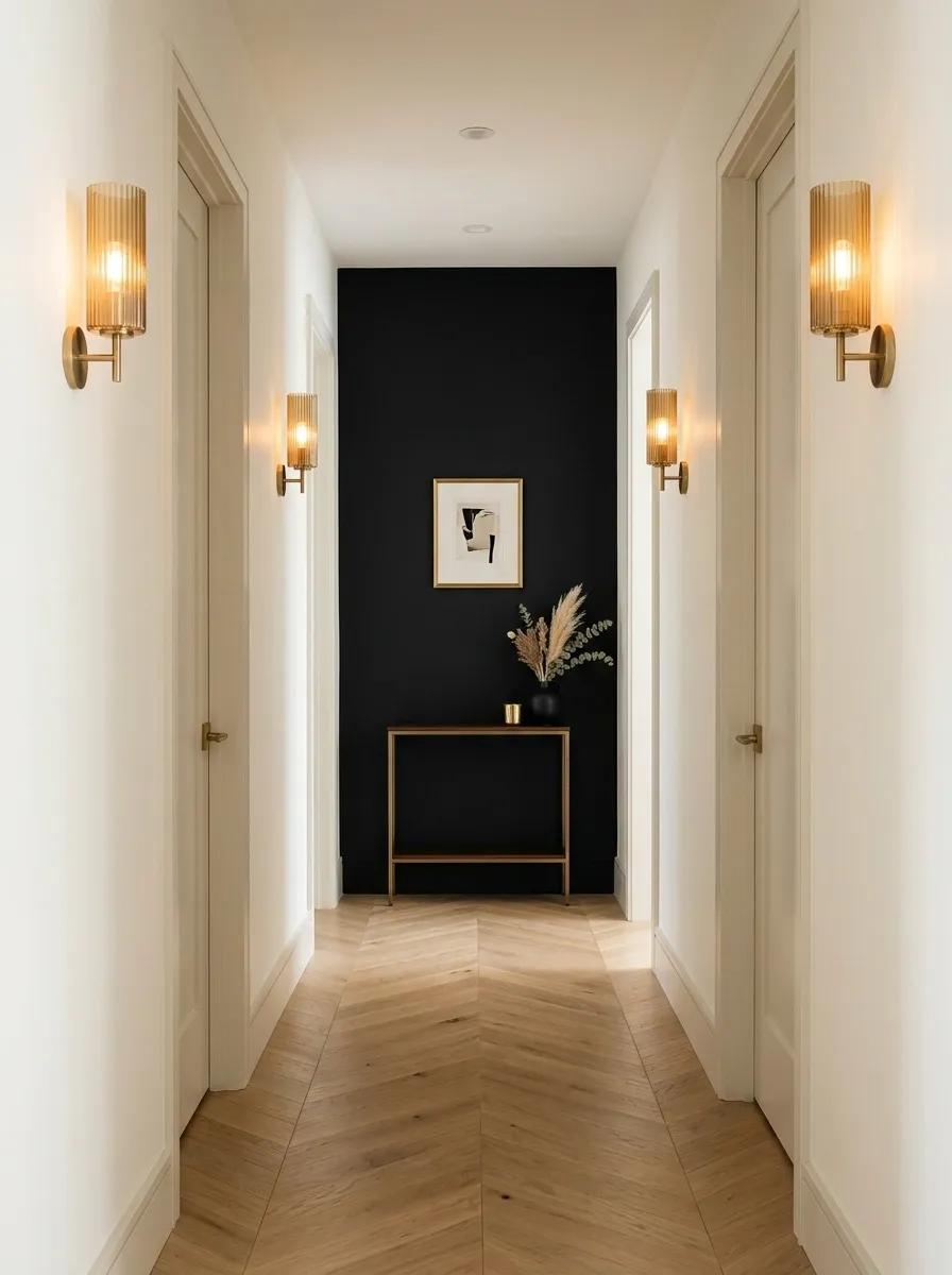 Black Accent Wall in a Narrow Hallway With Warm Lighting