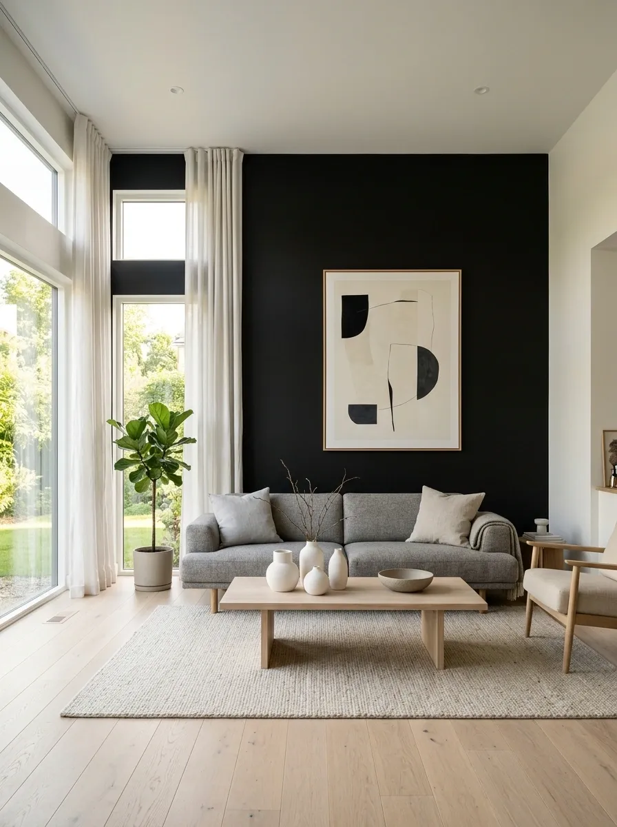 Black Accent Wall in a Scandinavian-Inspired Living Room