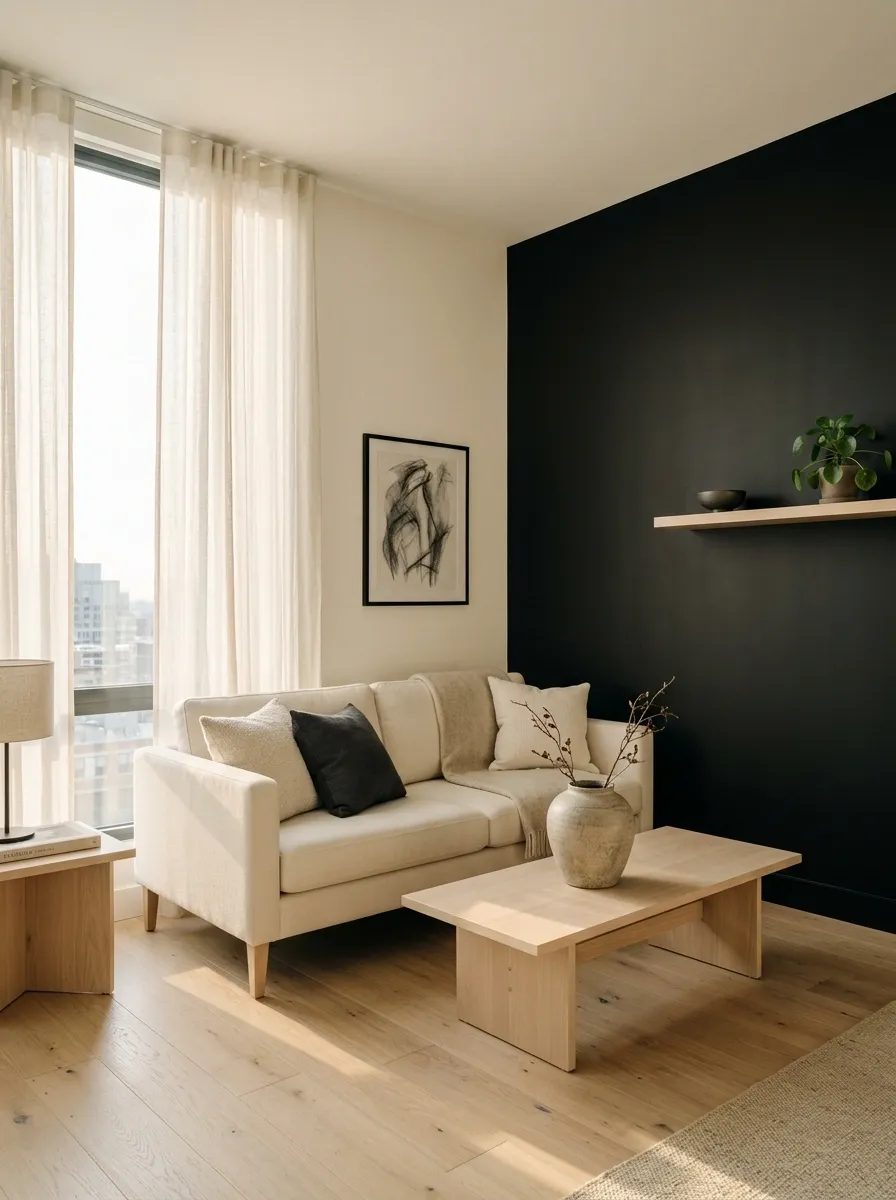Black Accent Wall in a Small Apartment Living Room With Pale Furnishings