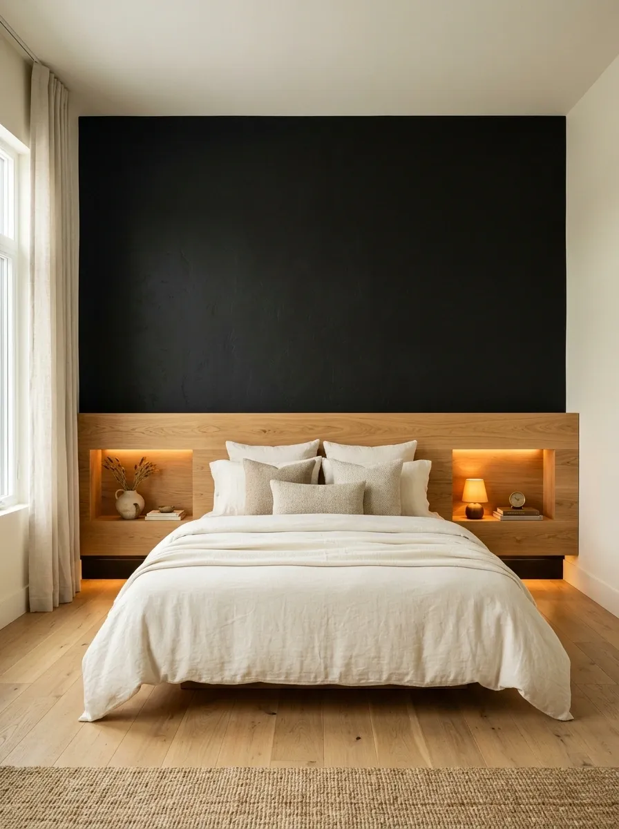 Black Accent Wall With a Floating Oak Headboard