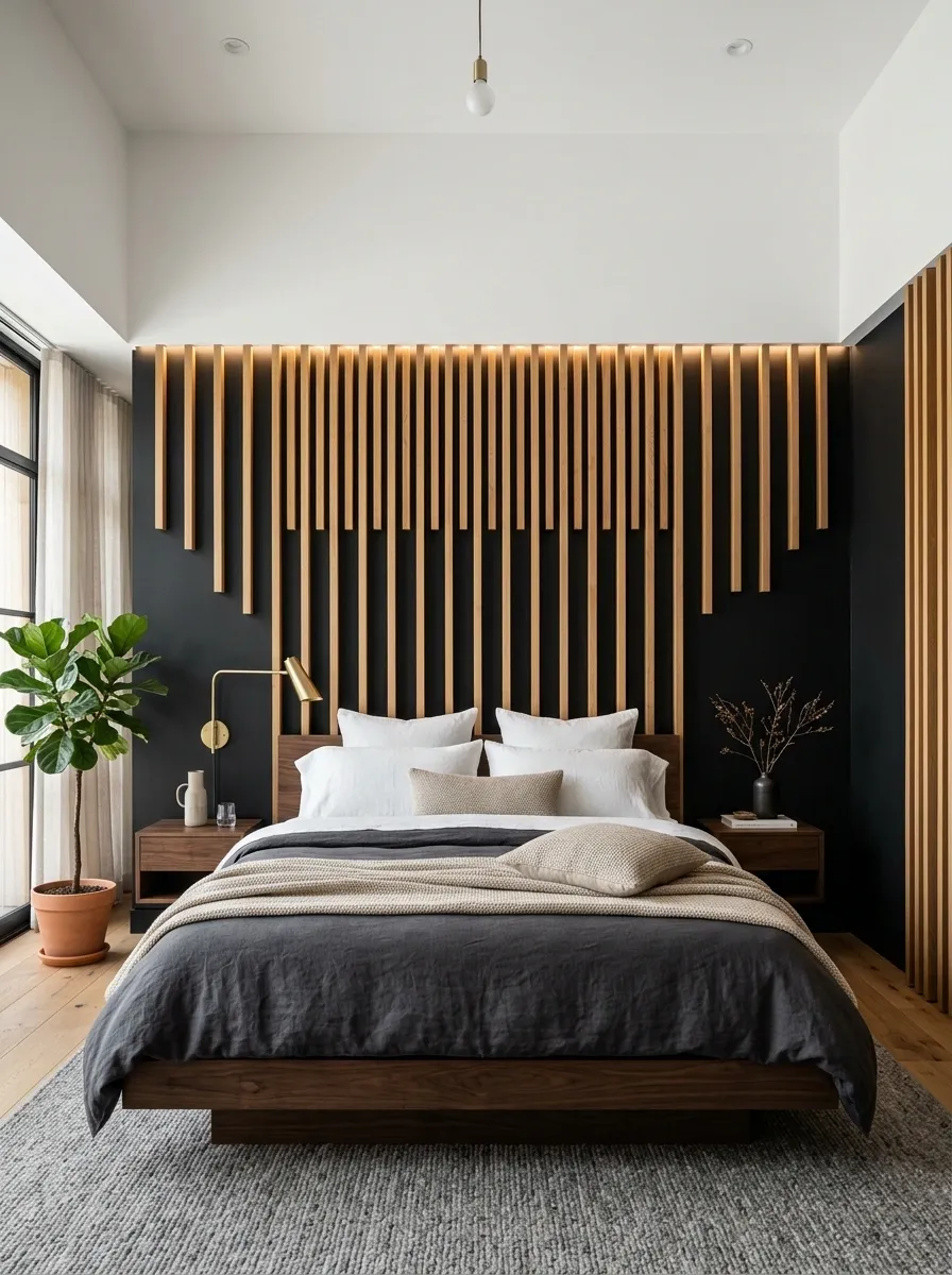 Black Accent Wall With Vertical Wood Slats in a Modern Bedroom