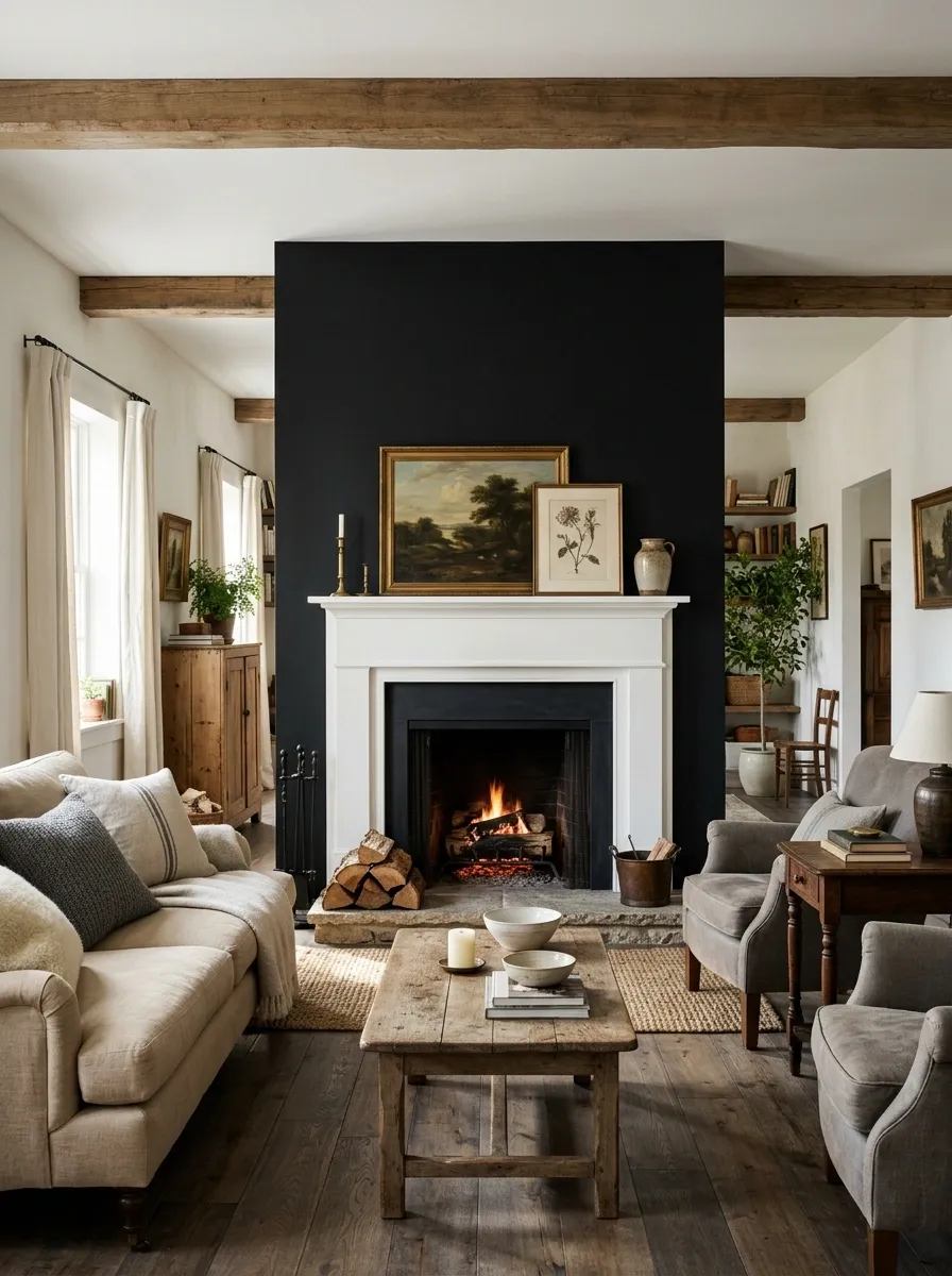 Black Accent Wall With White Fireplace in a Cottage-Style Living Room