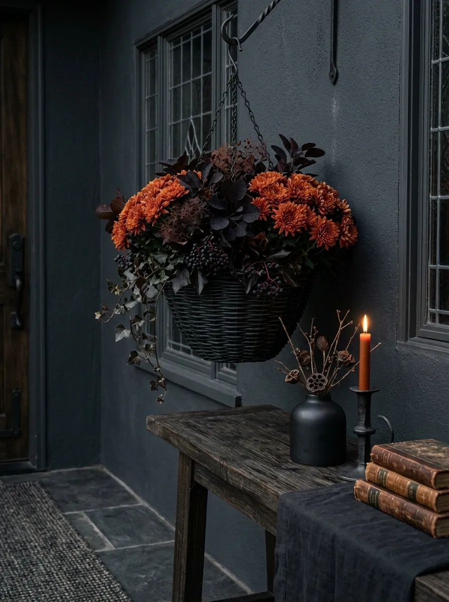 Black And Burnt Orange Basket With Gothic Character