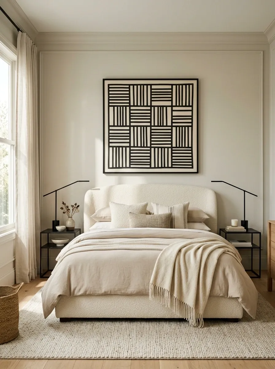Black-and-Cream Bedroom With a Graphic Grid Artwork