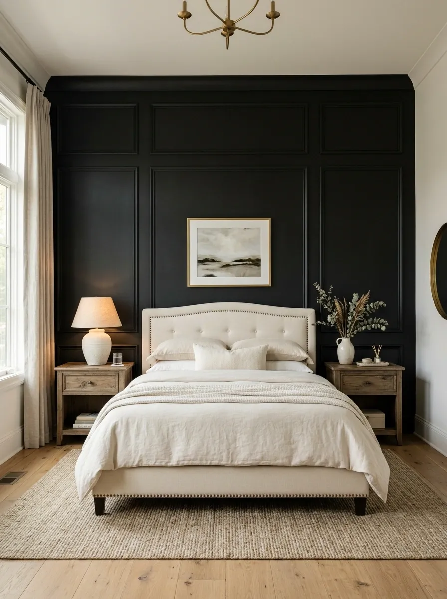 Black-and-Cream Bedroom With Traditional Panel Molding