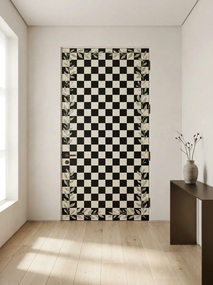 Black-and-Cream Checkerboard Door With Botanical Borders
