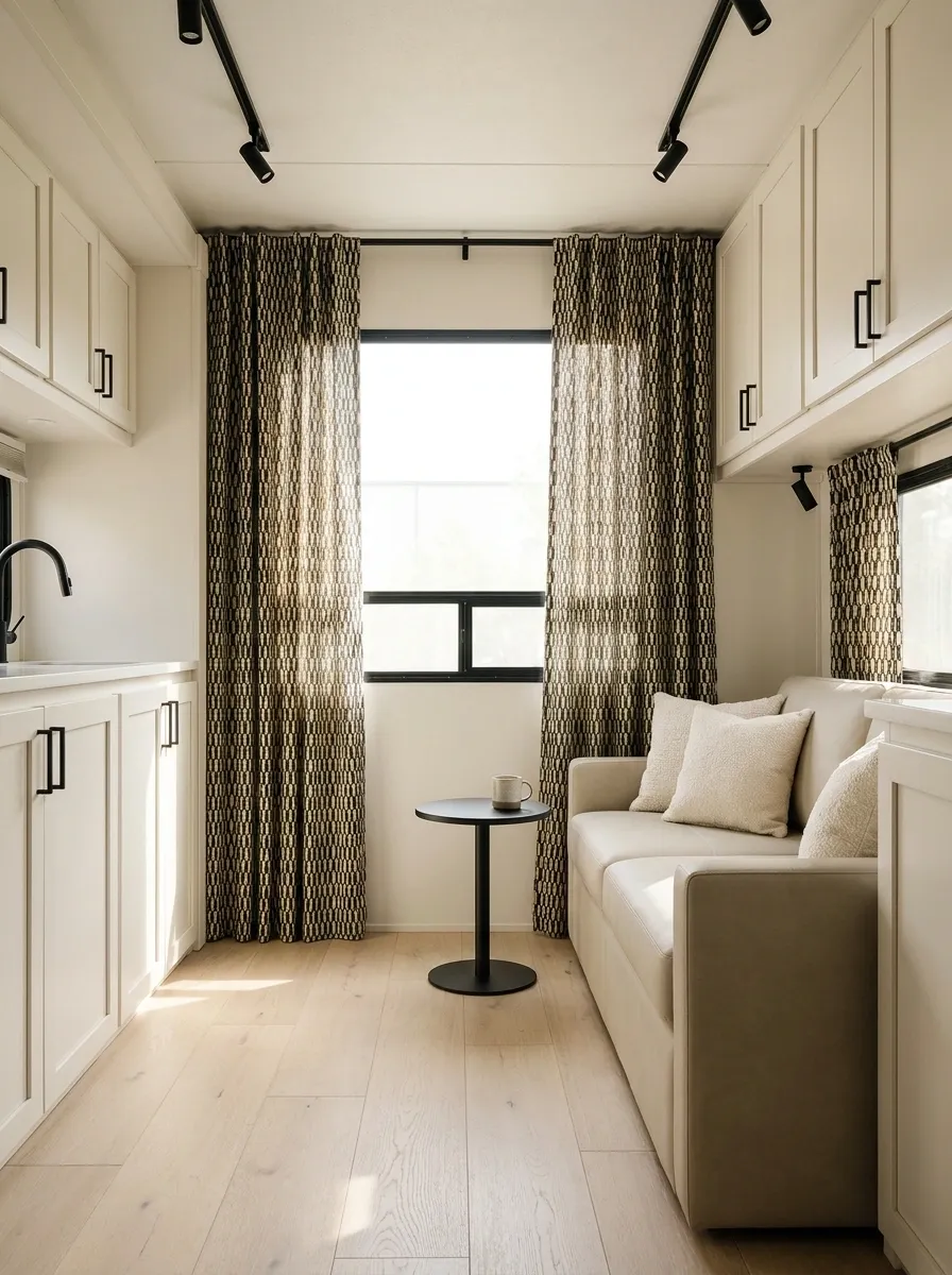 Black-and-Cream Geometric Curtains in a Contemporary RV