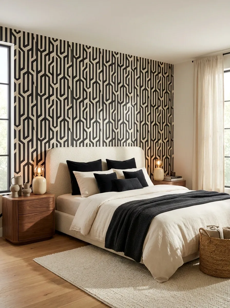 Black-and-Cream Geometric Wallpaper With Curved Furniture