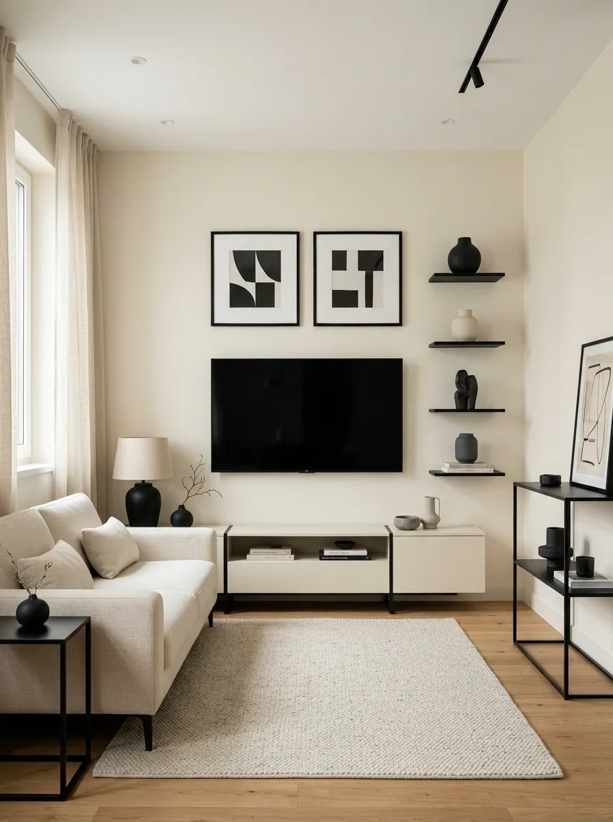 Black-and-Cream Living Room With Graphic TV Wall