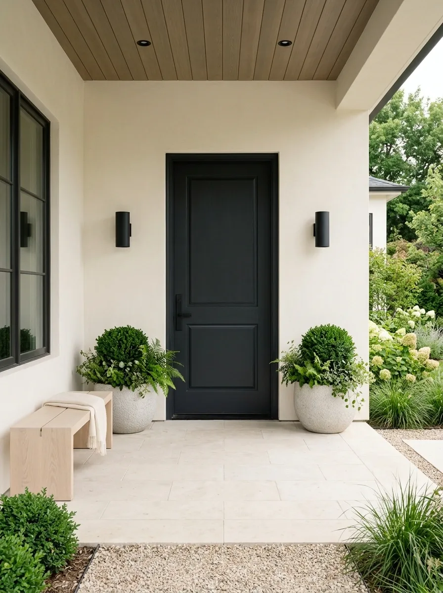 Black-and-Cream Porch With Sculptural Greenery