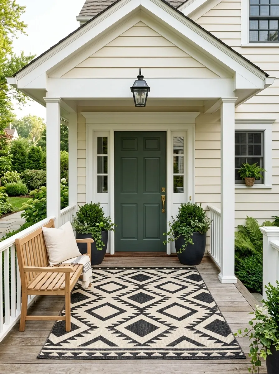Black-and-Cream Rug With a Traditional Front Door