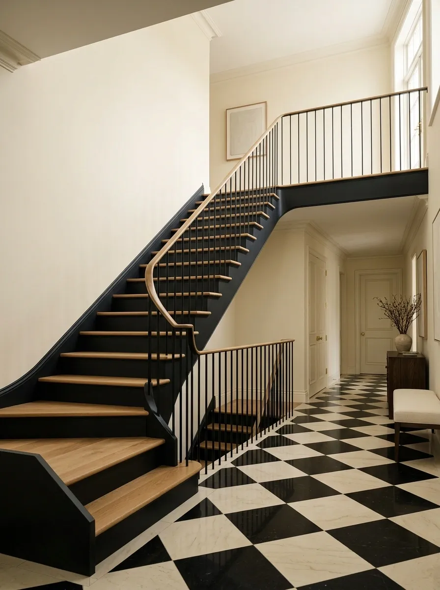 Black-and-Cream Staircase With Checkerboard Floor
