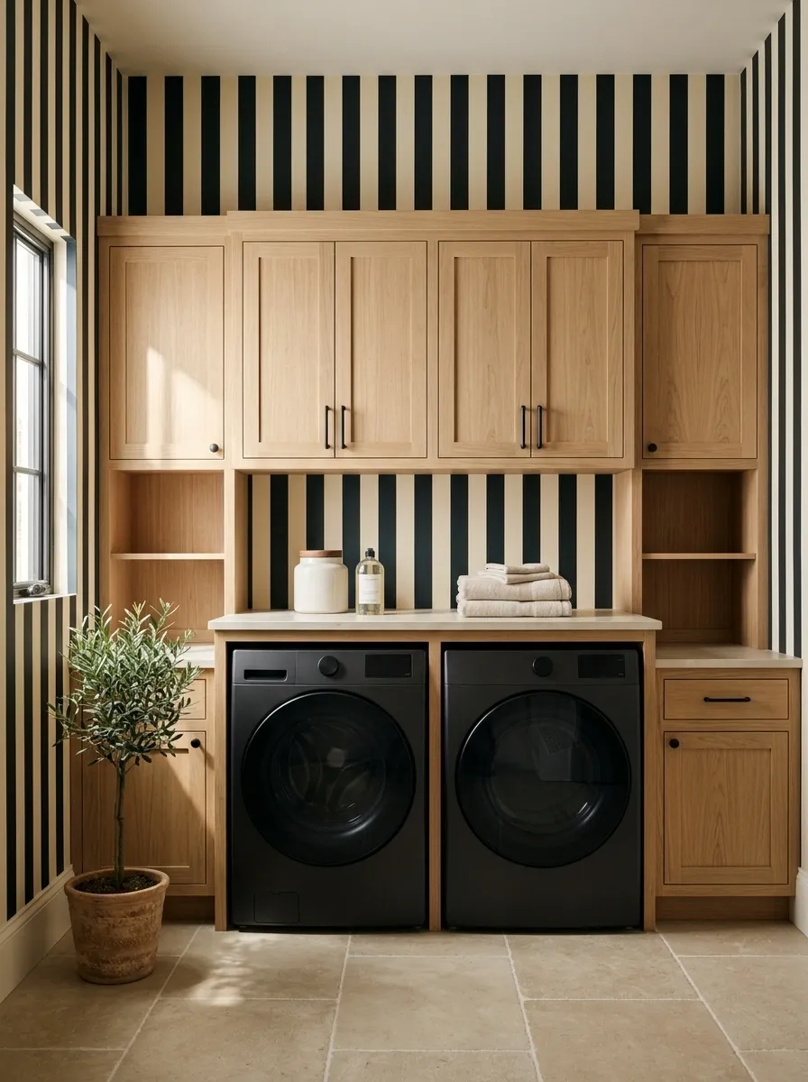 Black-and-Cream Vintage Stripe With Natural Wood