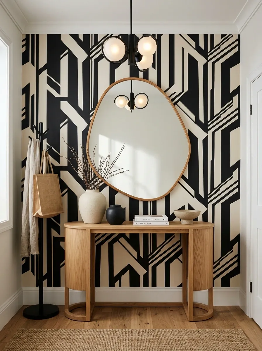 Black-and-Cream Wallpaper With Sculptural Lighting
