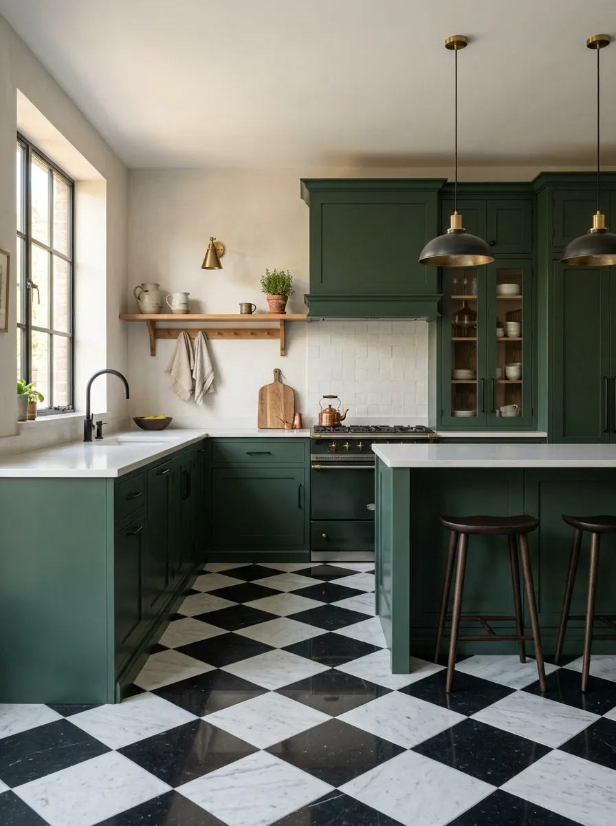 Black and Green Kitchen With Checkerboard Marble Floor