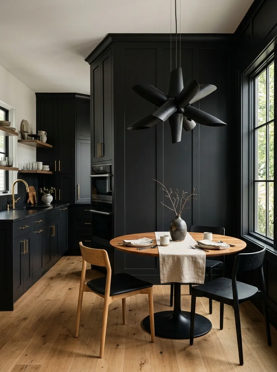Black-and-Oak Corner With a Sculptural Pendant