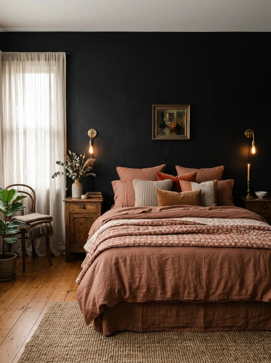 Black-and-Terracotta Bedroom With Vintage Furniture