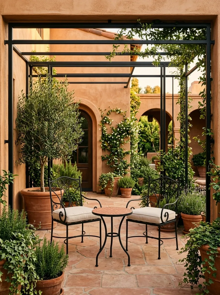Black and Terracotta Mediterranean Courtyard