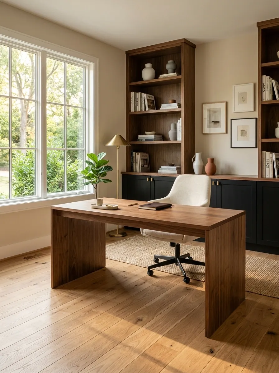 Black and Walnut Home Office With Warm Oak Floors
