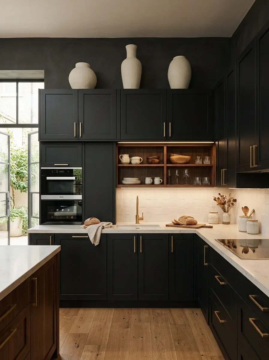 Black-and-Walnut Kitchen With Dramatic Ceramic Sculpture