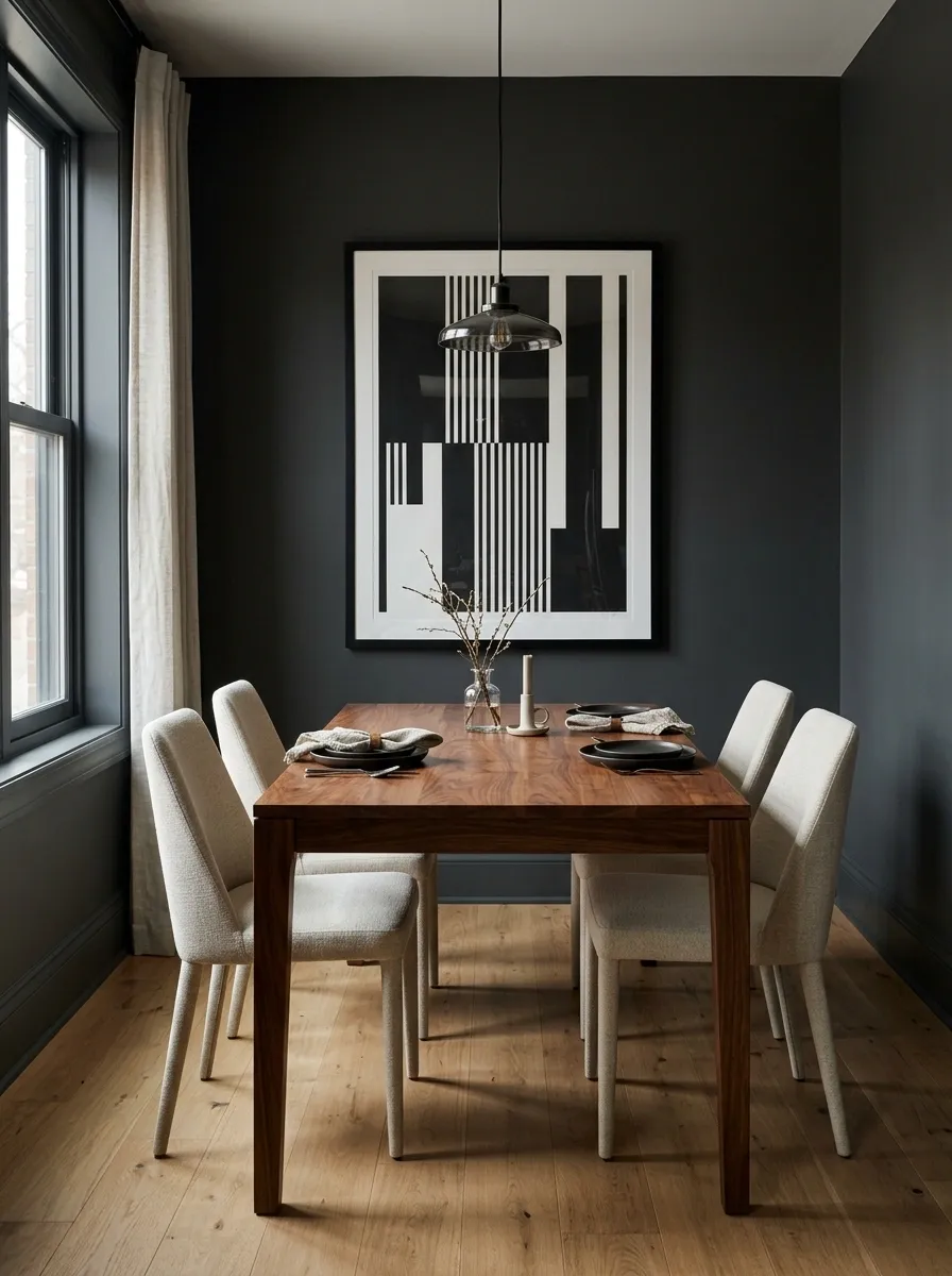 Black-and-Walnut Tiny Dining Room With Graphic Artwork